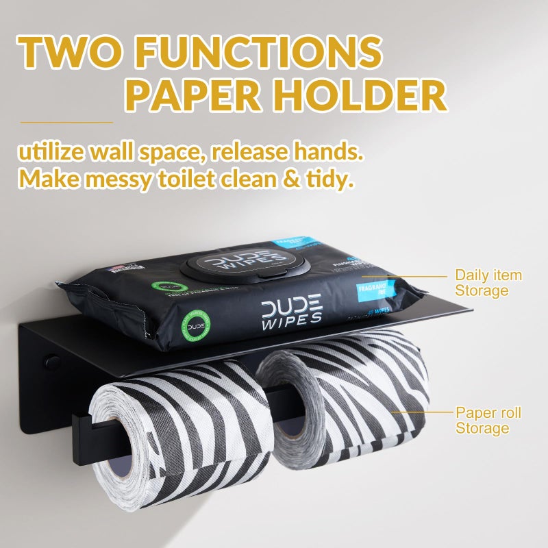APLusee Matte Black Double Toilet Paper Holder with Shelf, 304 Stainless Steel Bathroom Tissue Roll Holder, Commercial Paper Dispenser Wall Mounted - Image 3